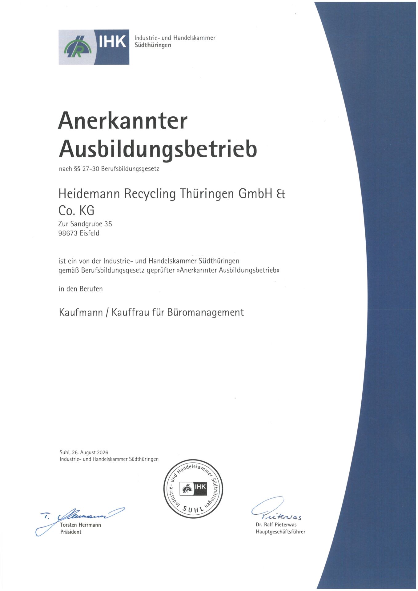 Anerkannter Ausbildungsbetrieb Kauffrau für Büromanagement