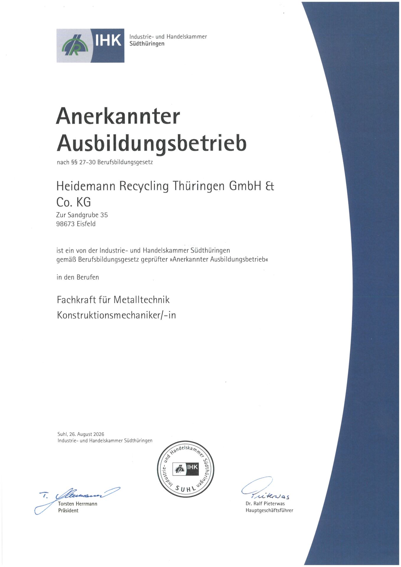 Anerkannter Ausbildungsbetrieb Konstruktionsmechaniker